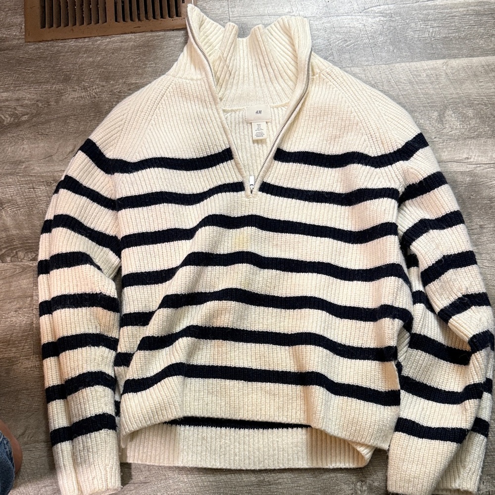 H&M Cream and Black Striped Zip Sweater